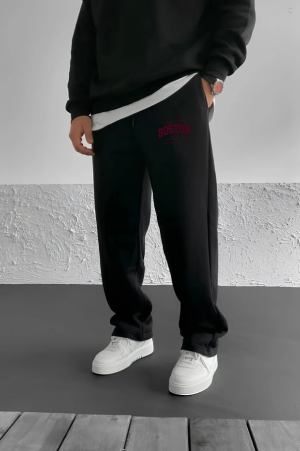 Men's Winter Baggy Fleece-Lined Boston Lettering Wide-Leg Sweatpants with Side Pockets