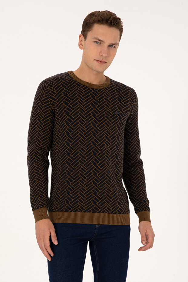 Men's Slim Fit Crew Neck Khaki Sweater 50308343-Vr027
