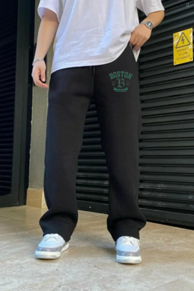 Men's Winter Baggy Cotton and Wool Boston Printed Wide Leg Sweatpants with Side Pockets
