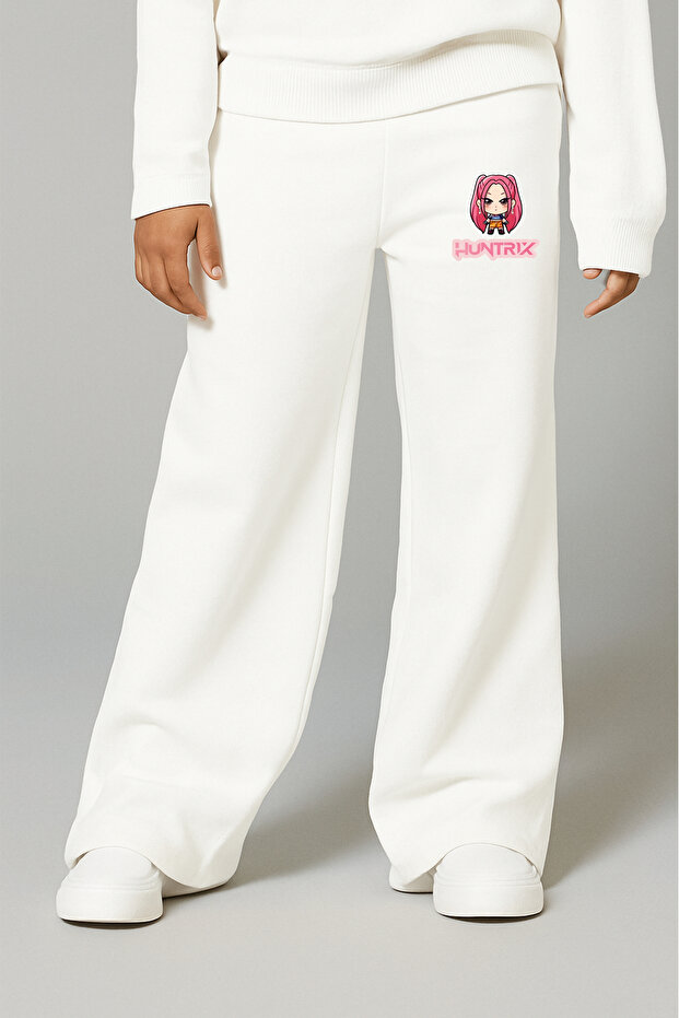 Kpop Demon Hunters Huntrix Mira Printed 3 Thread Girls' Ecru Wide-Leg Sweatpants – Comfortable