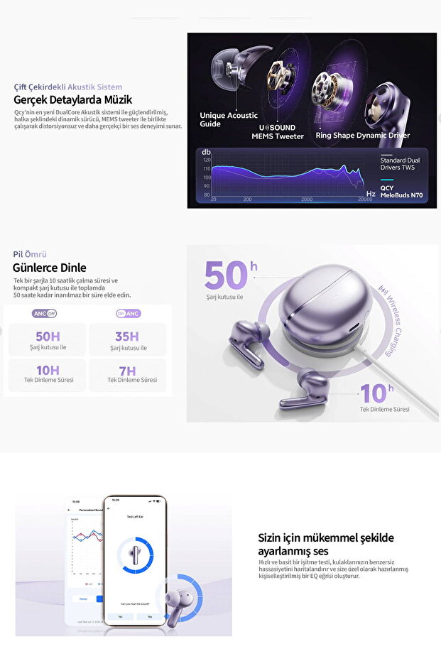 Melobuds N70 Bluetooth Kulaklık 6.0 - Kablosuz Şarj - Hi-Res-LDAC- Mems Tweeter-FastPair-Çift Cihaz - 3