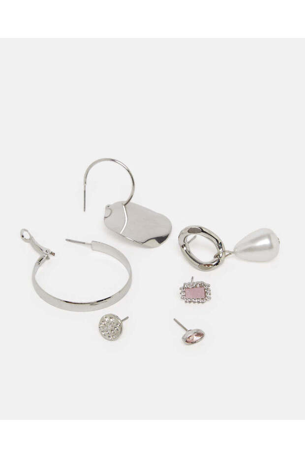 Women Silver Embellished Earring Set (6 Pairs)