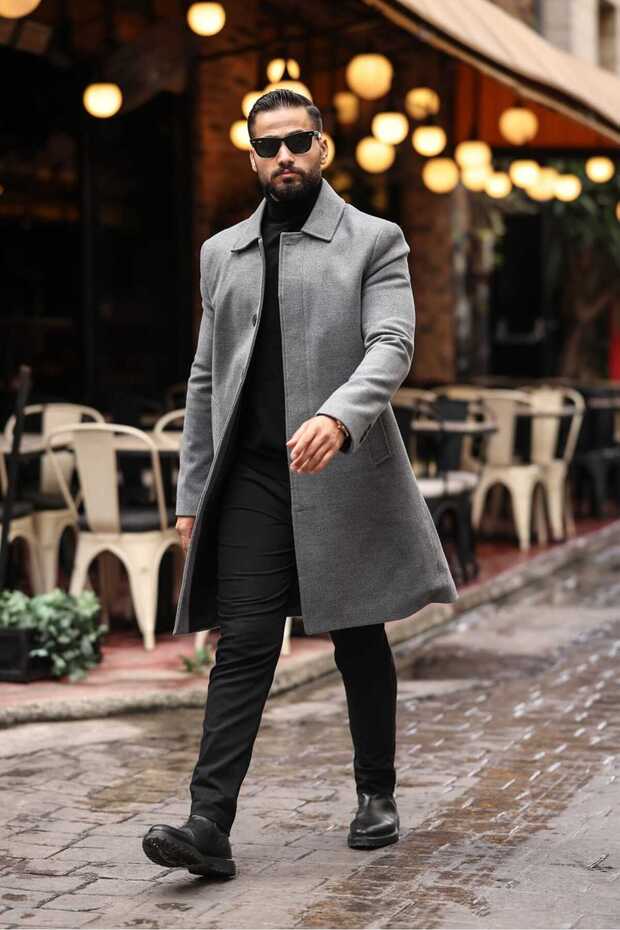 Men's Modern Fit Hidden Button Detailed Gray Cashmere Coat