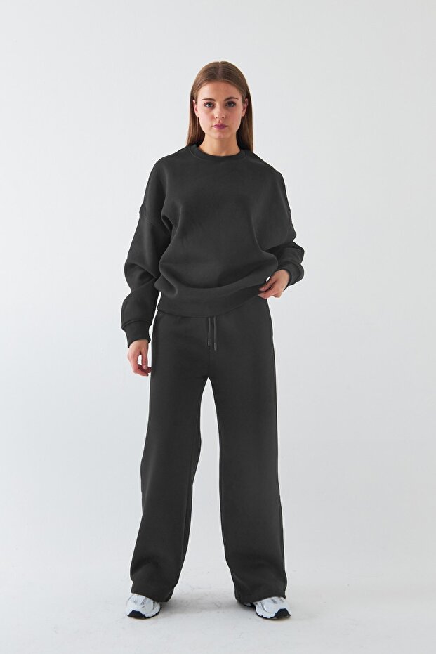 Unisex Oversized Tracksuit Set Basic Smoked – Crew Neck, Wide Legs, 3 Thread Fleece-Lined Fleece
