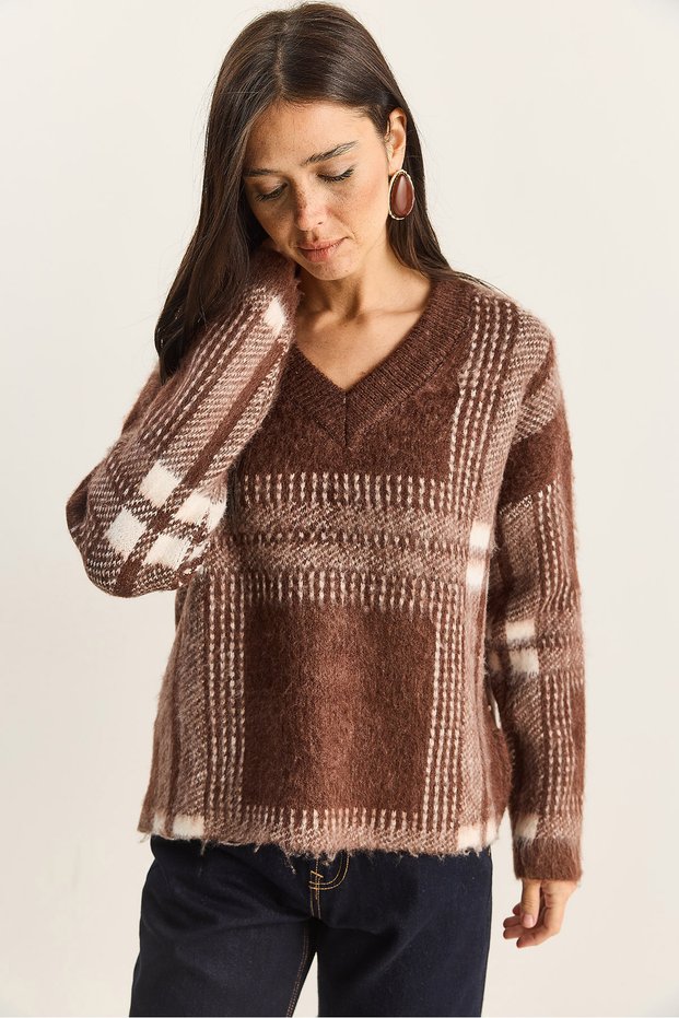 Women's Dark Cinnamon Cream Plaid Patterned V-Neck Ribbed Knitwear Sweater Tk251134 60283833