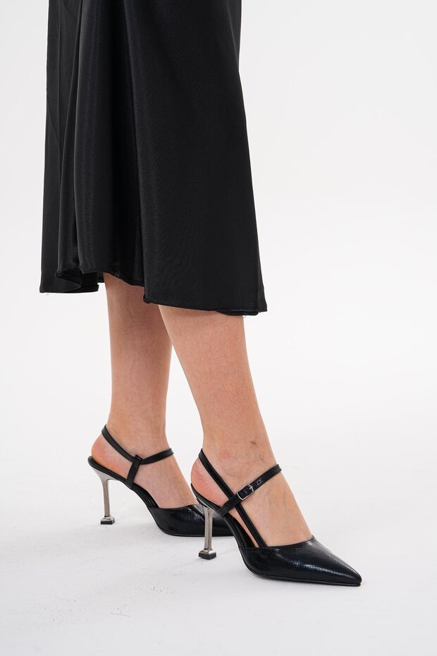 Women's Black 8.5 cm Silver Heel Back Strap Stiletto Heels Shoes