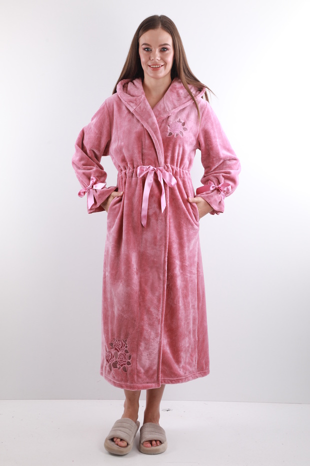Women's 100% Bamboo Hooded Embroidered Long Dressing Gown – Extra Soft, Belted, with Pockets