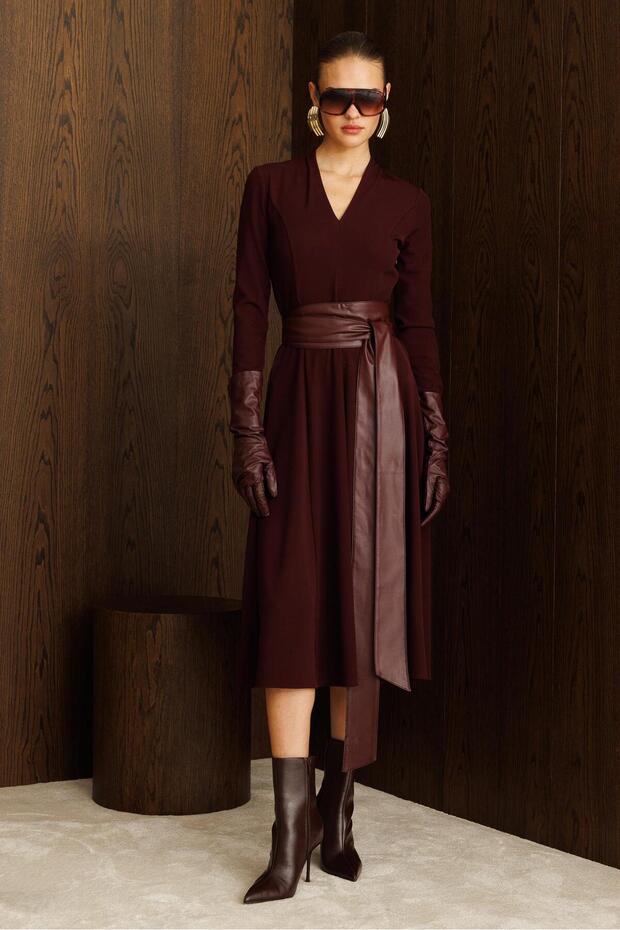 Deri Kuşaklı Örme Elbise BORDO - 2