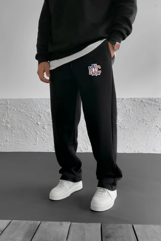 Men's Winter Baggy Cotton and Wool Nyc New York Printed Wide Leg Sweatpants with Side Pockets