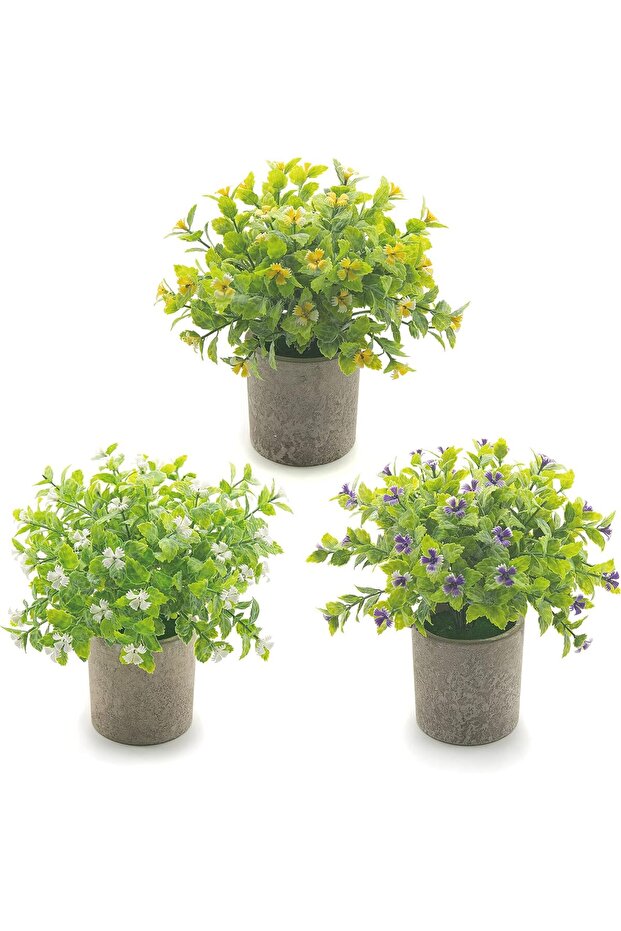OFRANK Artificial Potted Plants with Flowers (Set of 3, White/Yellow/Purple)