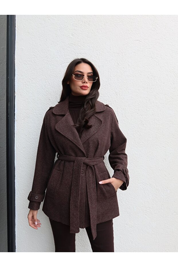 Short Cashmere Coat with Sleeve Epaulettes and Tie