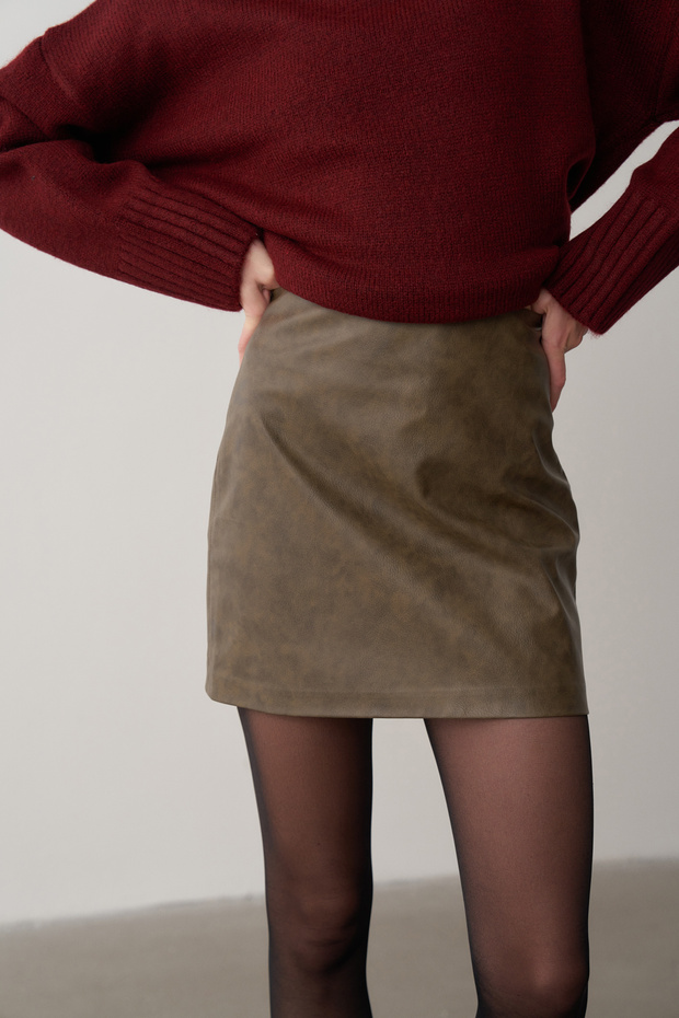 Haki Deri Mini Etek - 4