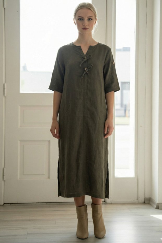 Italian Khaki Buttoned 3/4 Sleeve Hidden Pocket Y Slit Slim Fi Corded Fabric Adife Long Woven Dress 120 55