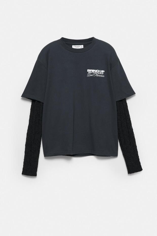 Dantelli çift kollu t-shirt - 7