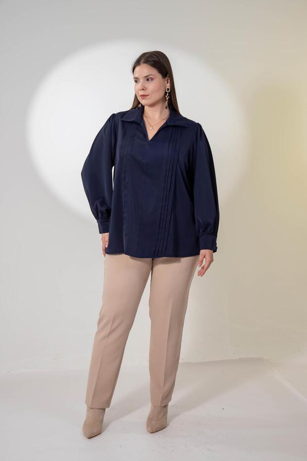1212089 Plus Size Pleated Detail Women's Blouse Navy Blue