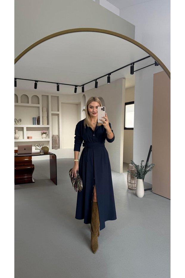 Navy Blue Bell Dress with Button Detail at the Waist