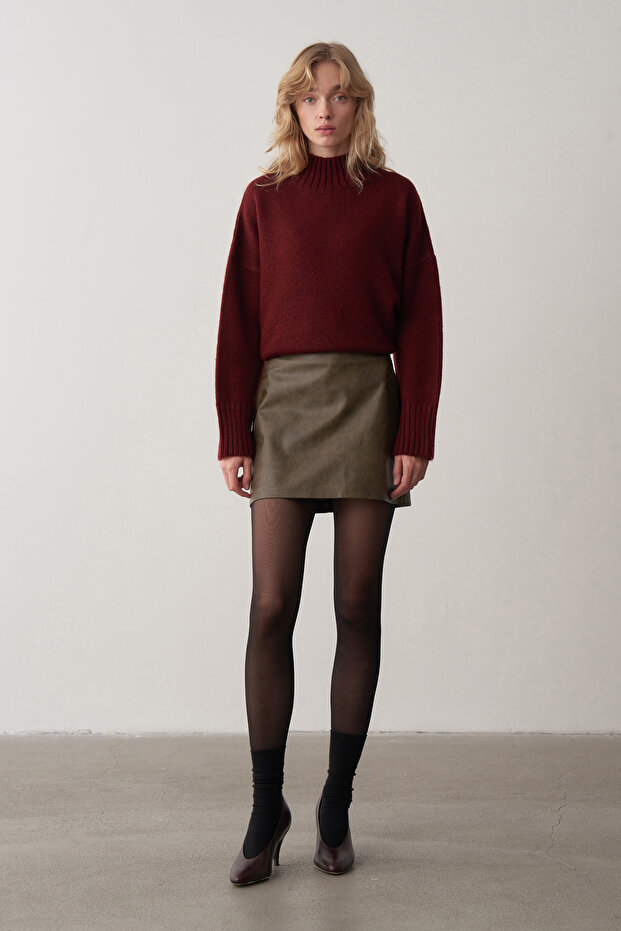 Haki Deri Mini Etek - 3