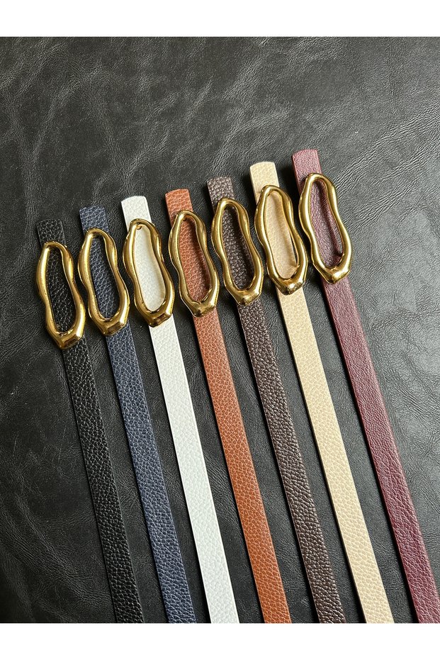 7-Piece Laud Long Wave Patterned Women's Gold Buckle Belt Jacket Belt Dress Belt Trouser Belt