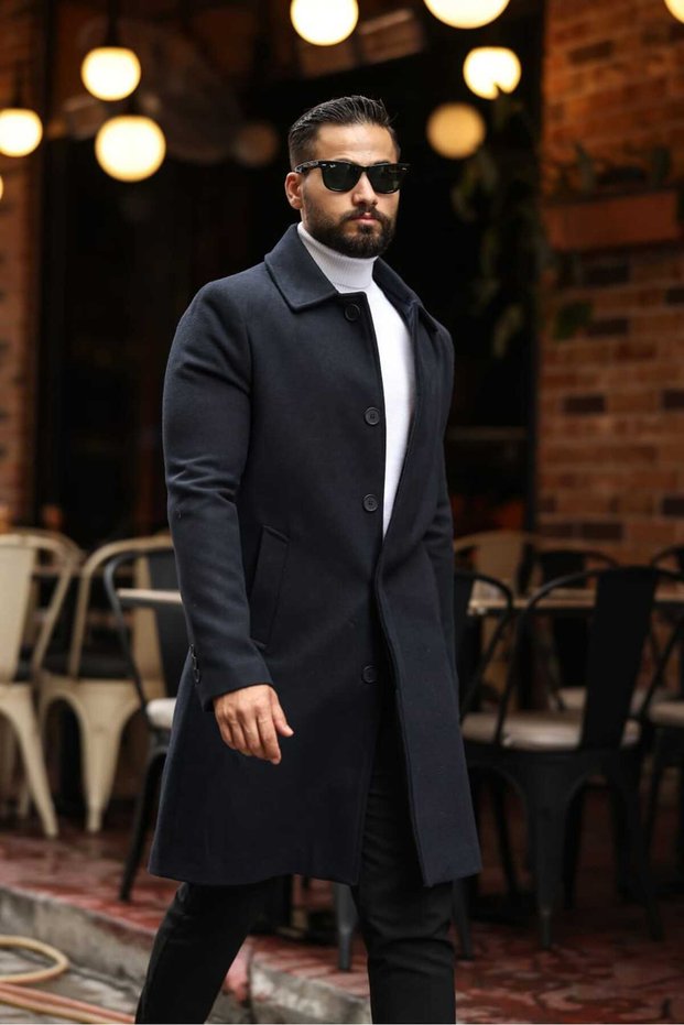 Men's Modern Fit Hidden Button Detail Navy Blue Cashmere Coat