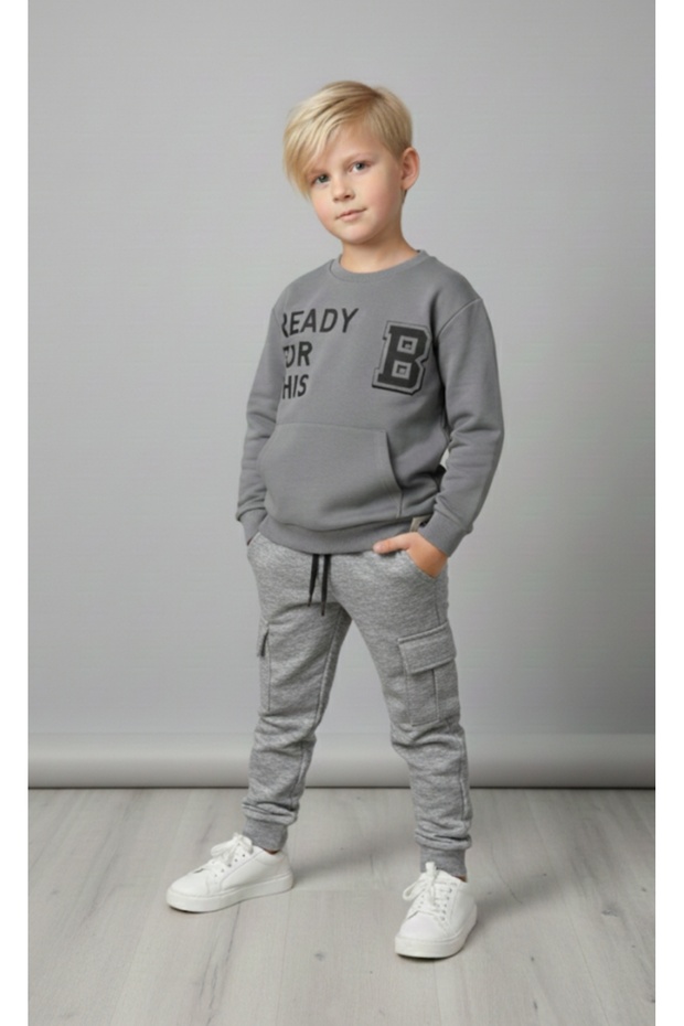 Boy's Printed Sweatshirt with Elastic Waist, Cargo Pocket Piece Cashmere Trousers Set with Elastic Legs