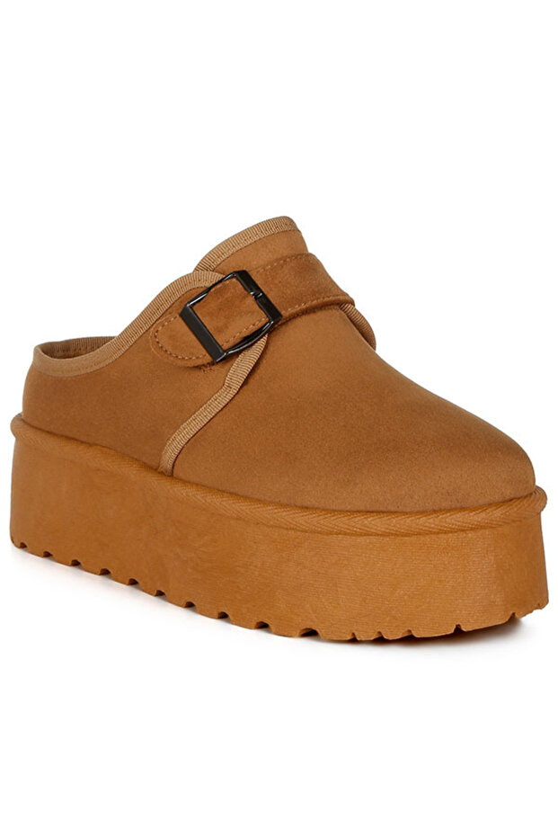 Women Buckle Strap Fur Platform Classic Slip-On in Tan