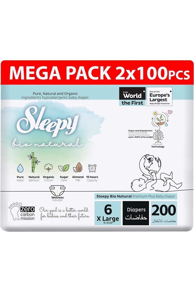 Bio Natural Premium Size 6 Diapers - 200 Count, 15-25Kg, Hypoallergenic