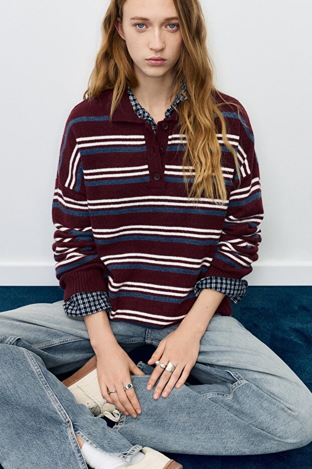 Polo yaka çizgili süveter - 1