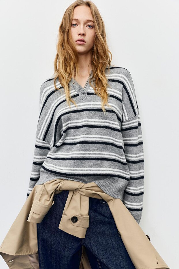 Polo yaka çizgili süveter - 2