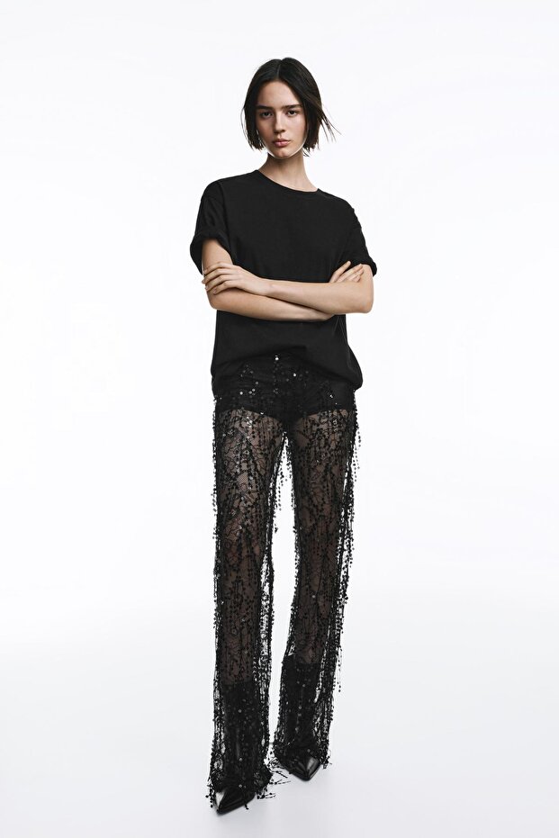 Pullu dantel çan pantolon - 2