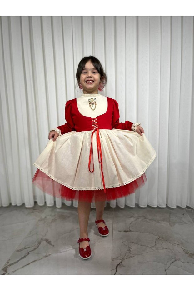 Girl's Premium Deluxe Red Lace-Up Vest Detailed Special Occasion Cosplay Dress + Buckle