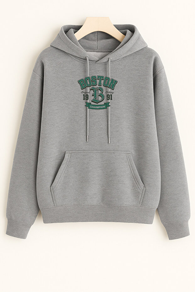 Men's Winter Boston Printed Cotton Hooded Kangaroo Pocket Regular Sweatshirt