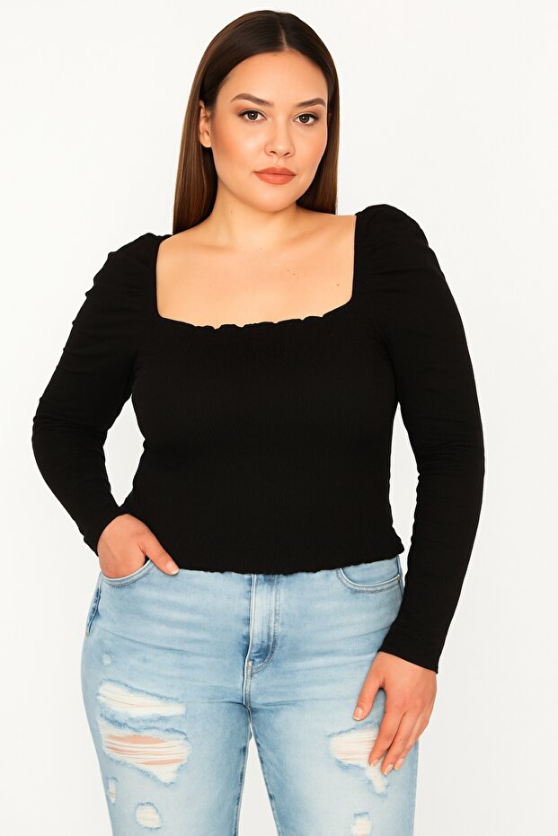 Women's Plus Size Black Size Part Gipe Elasticated Karmen Collar Long Sleeve Crop Blouse 65N39260
