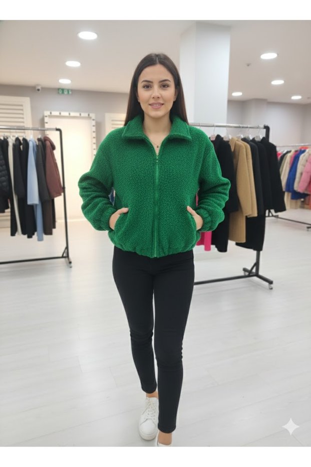 Women's Green Zippered Curly Fabric Short Jacket