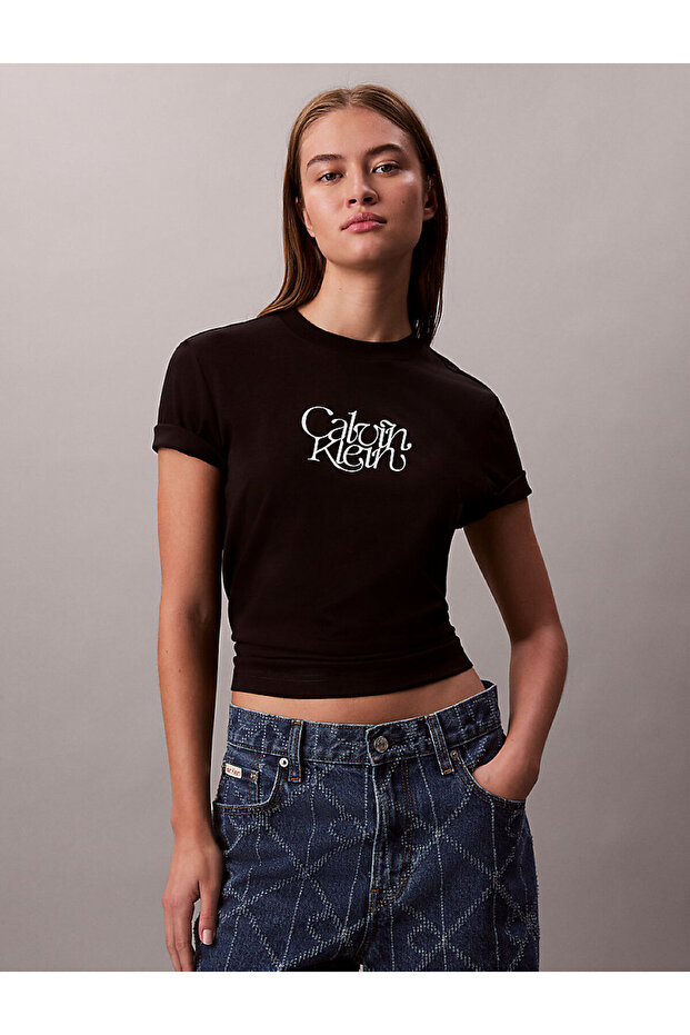 Kadın Fitted Script T-shirt - 1