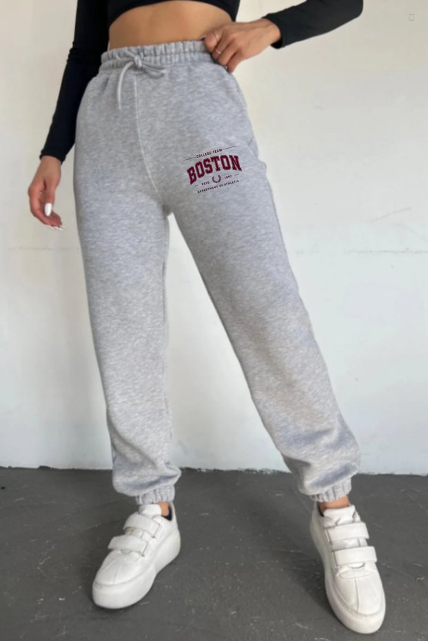 Women's Cotton Winter Standard Waist Boston Printed Leg Elastic Sweatpants
