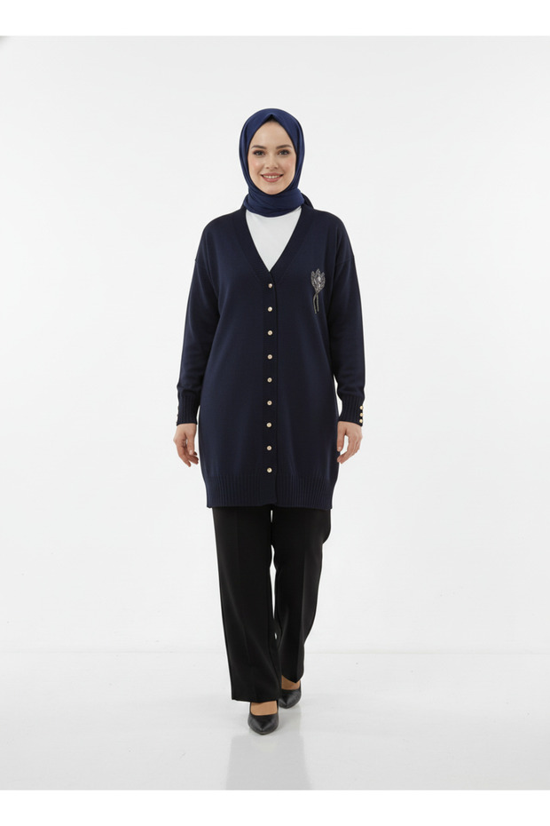 Gavessa Stone Embroidered Cardigan with Metal Buttons on the Sleeves and Front-Sy3260 Navy Blue