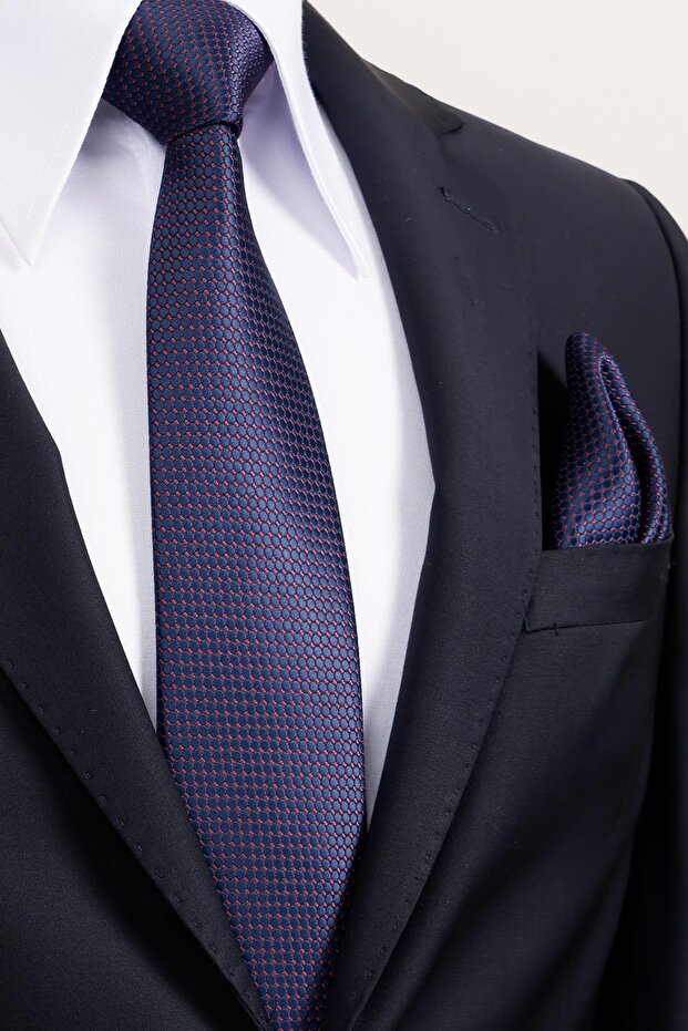 8 cm Classic Wide Hand Made Navy Blue - Burgundy Dot Pattern Handkerchief Tie