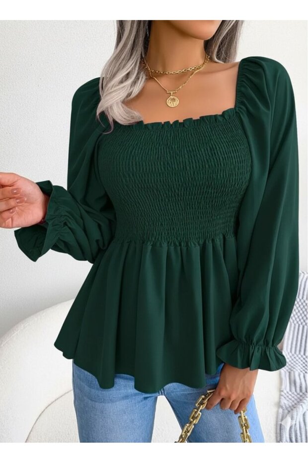 Women's Long Sleeve Geometric Neckline Gipe Detailed Crepe Blouse