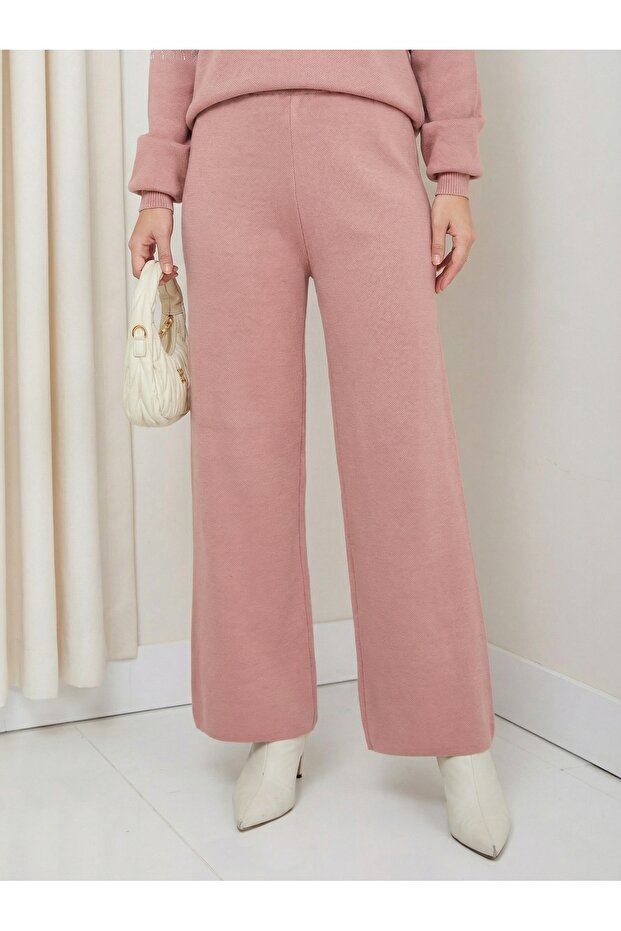 Women's Pink Wide-Leg Knit Pants - Soft Texture, Comfortable Fit, Stylish