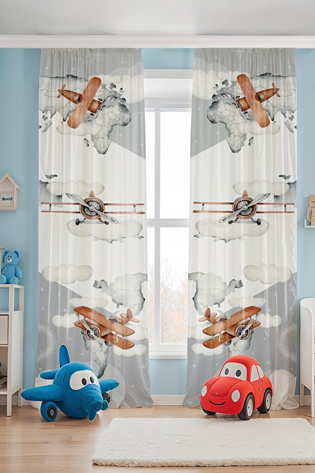 Gray Side Striped Airplanes Patterned Children's Baby Room Background Curtain (Single Wing Pricing)