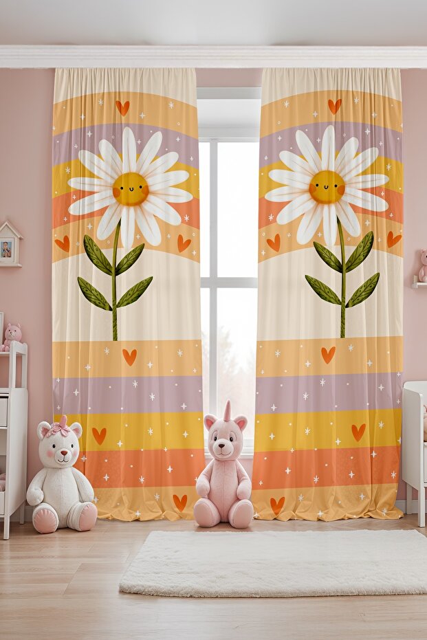 Cute Daisy Patterned Children's Baby Room Background Curtain (Single Panel Pricing)