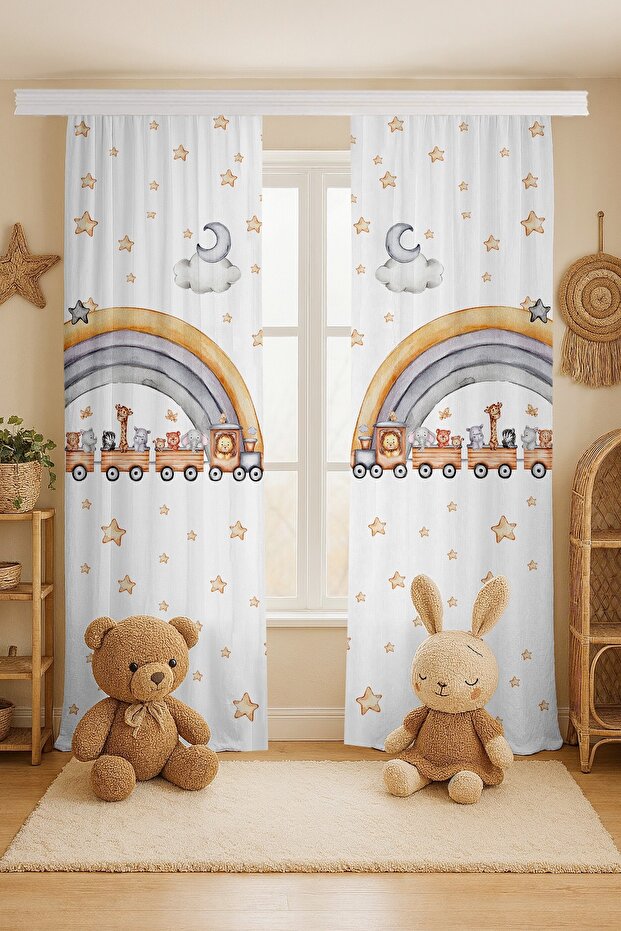 Safari Train Patterned Children's Baby Room Background Curtain (Single Wing Pricing)
