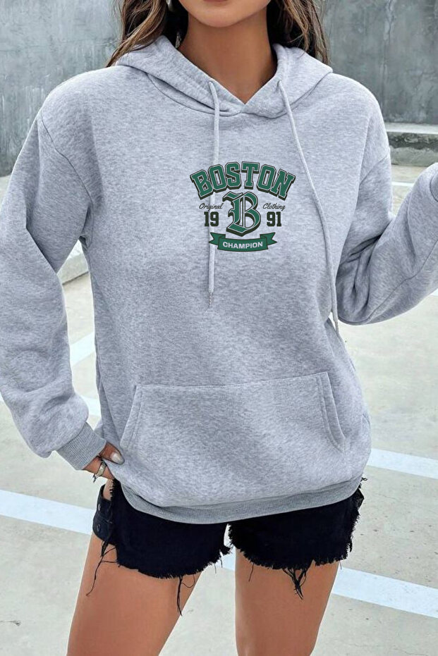 Women's Winter Cotton Boston Printed Hooded Kangaroo Pocket Regular Sweatshirt