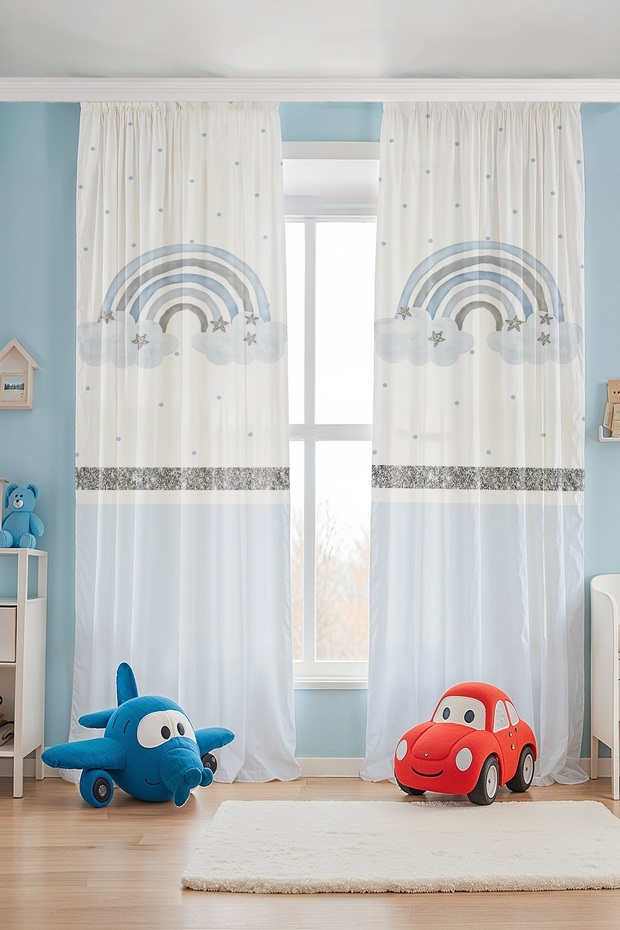 Blue Glitter Rainbow Patterned Children's Baby Room Background Curtain (Single Panel Pricing)
