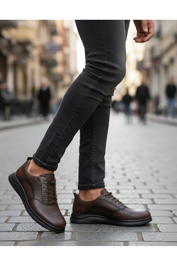 Men's Brown Elastic Comfortable Sole Stitched Genuine Leather Casual Shoes