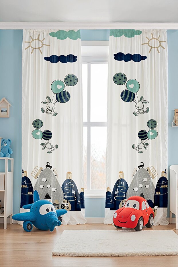 Navy Blue Vehicles in the Mountains Children's Baby Room Background Curtain (Single Wing Pricing)