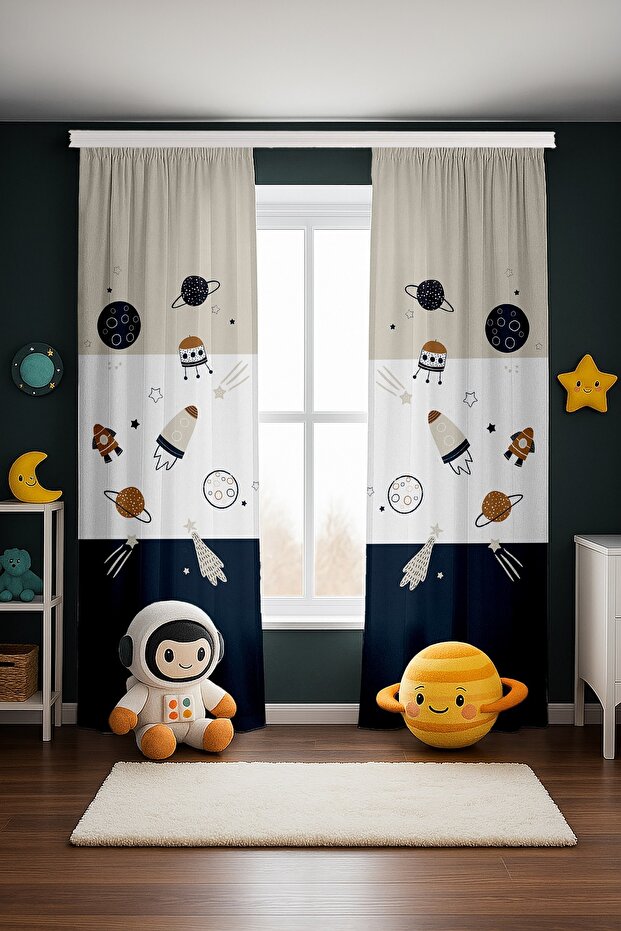 Space Vehicles Patterned Children's Baby Room Background Curtain (Single Wing Pricing)