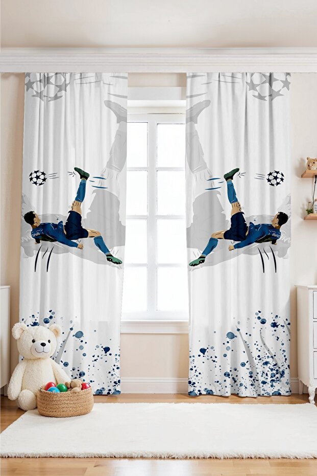Navy Blue Football Patterned Children's Room Drapery Curtain (Single Panel Pricing)