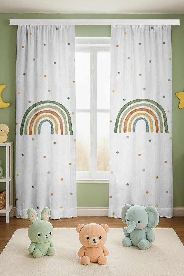 Green Rainbow Patterned Children's Baby Room Background Curtain (Single Panel Pricing)