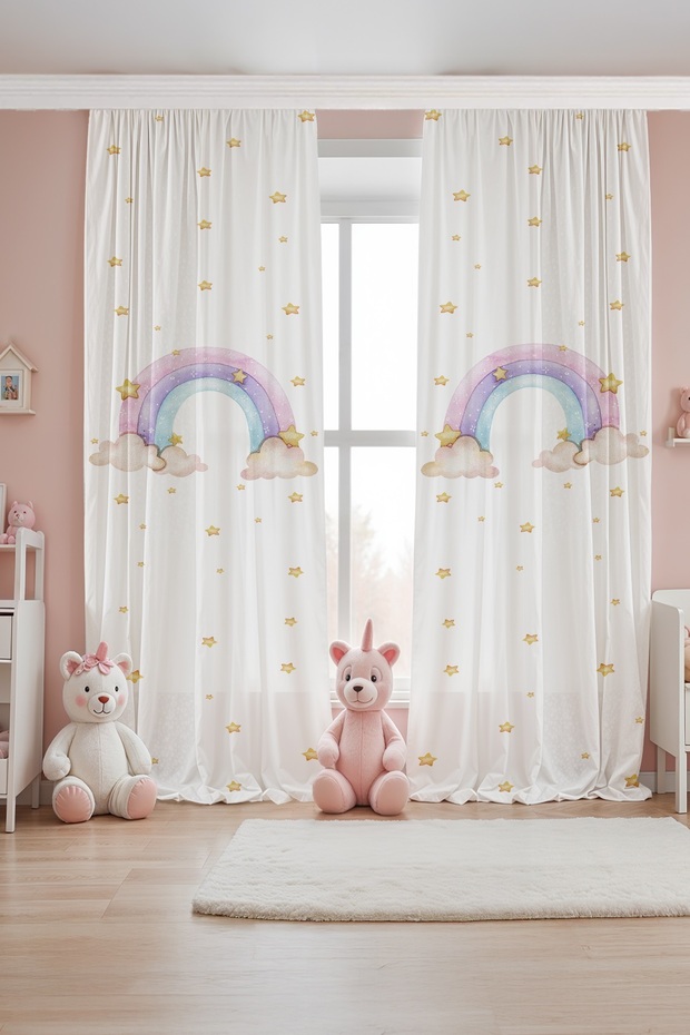 Powder White Rainbow Patterned Children's Baby Room Background Curtain (Single Panel Pricing)